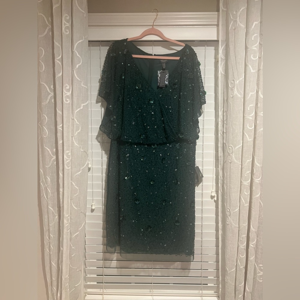 Adrianna Pappel hand beaded blouson short sheath cocktail dress in dusty emerald